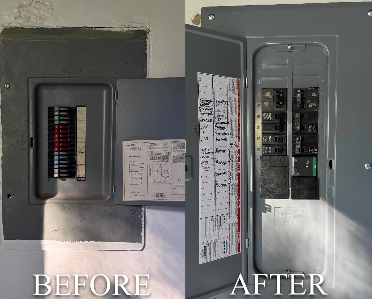 Before and after Zinsco electrical panel replacement with grounding correction and whole-home surge protection in Reno, Nevada