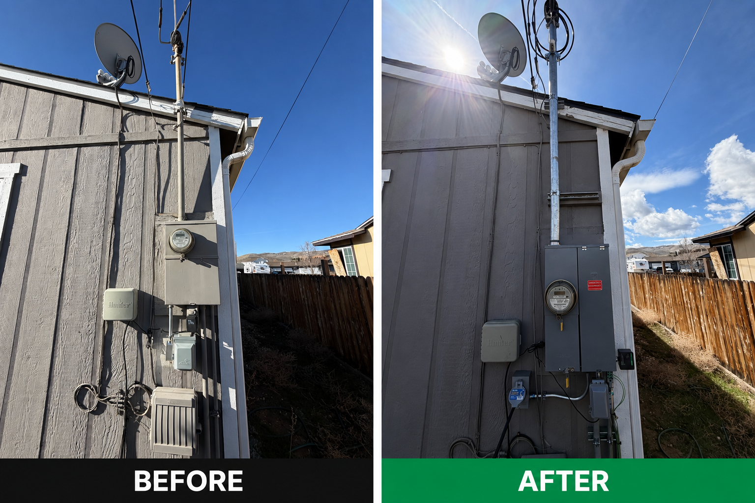 Before and after emergency electrical service mast repair, 125 amp panel upgrade, and generator interlock installation in Reno, Nevada