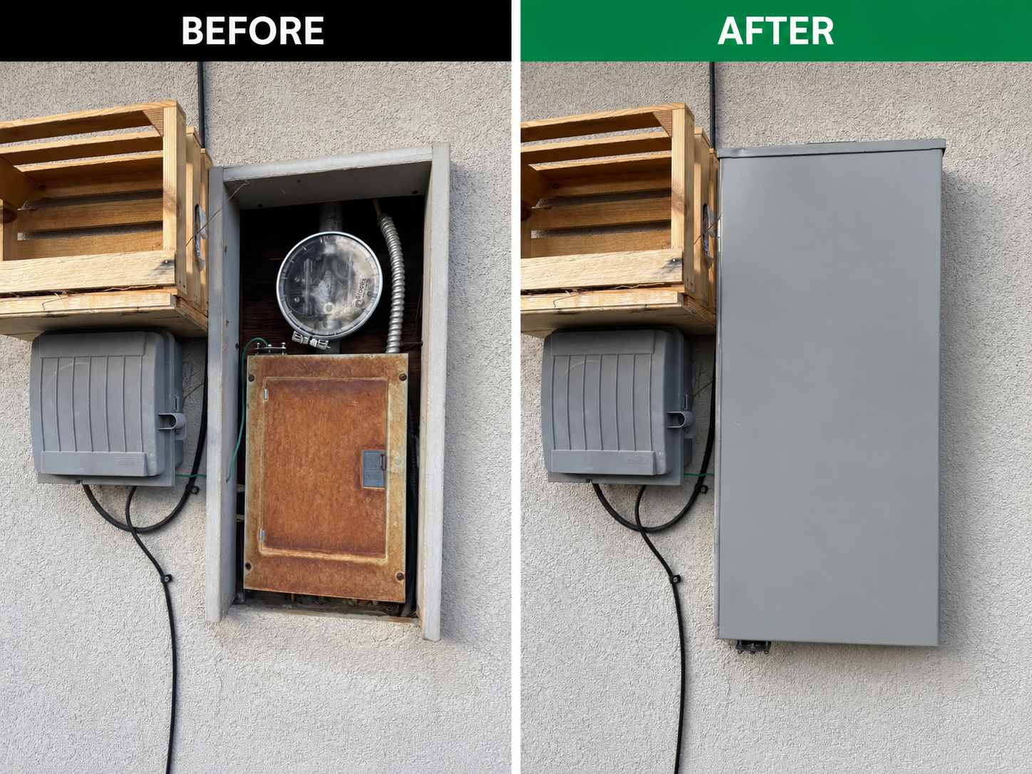 Before and after 100 amp to 200 amp electrical service upgrade in Reno, Nevada